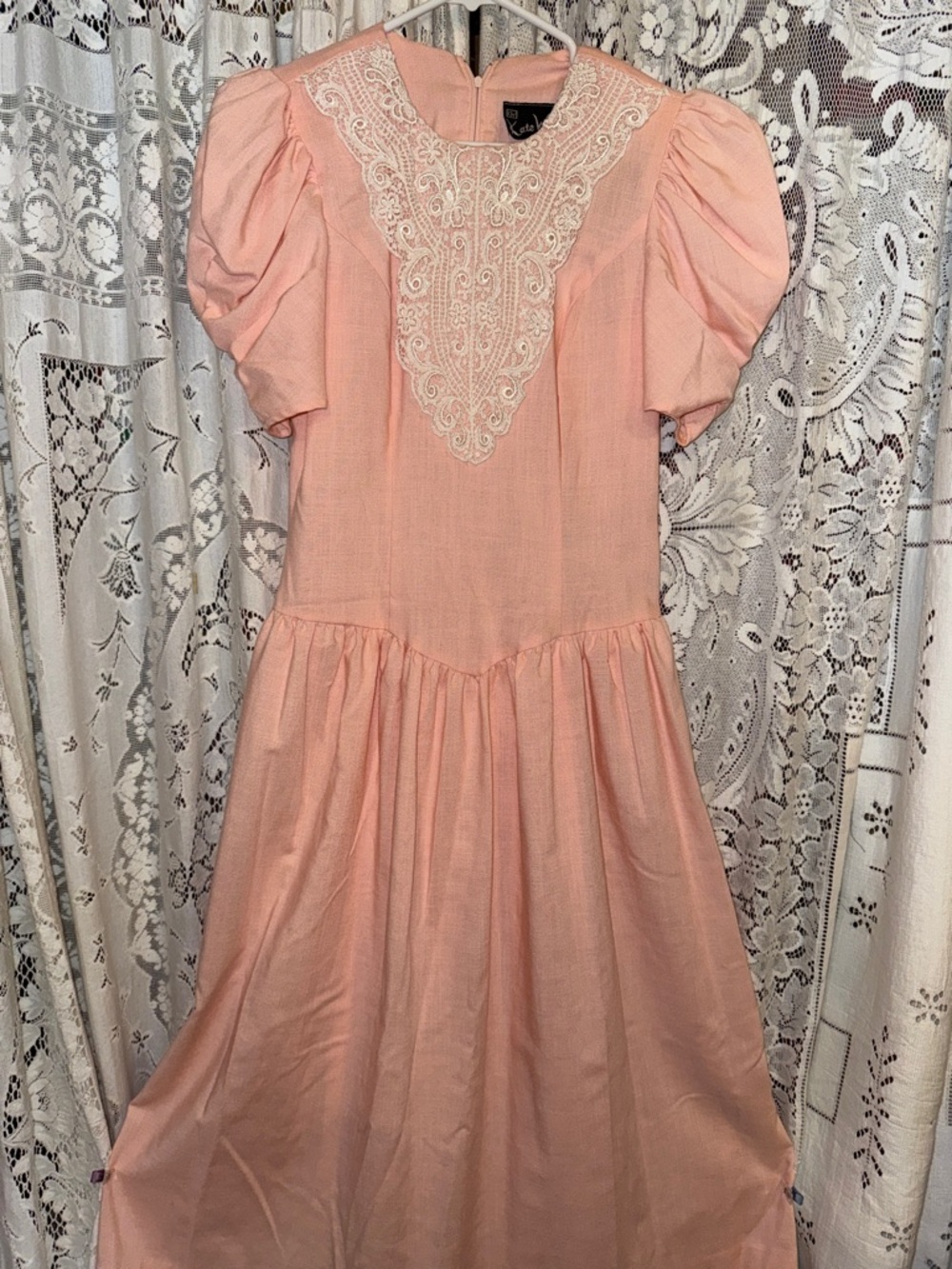 Vintage Kate Warner Puff Sleeve Midi Dress with Lace Yoke in Peach